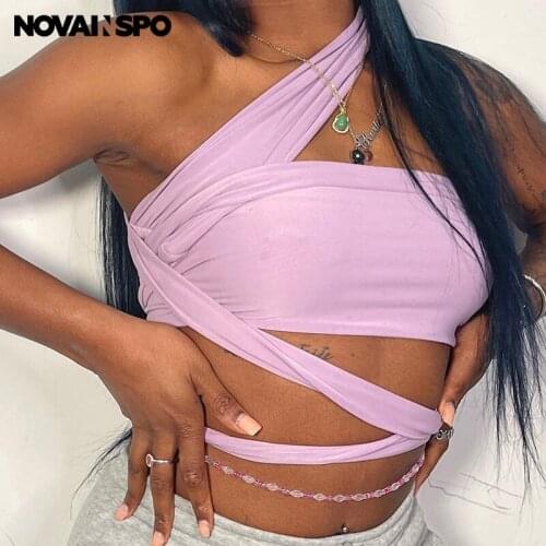 NOVAINSPO Purple Solid Hollow Out Halter Backless Tops For Women 2021 Summer Fashion Casual Streetwear One Piece Sleeveless Top