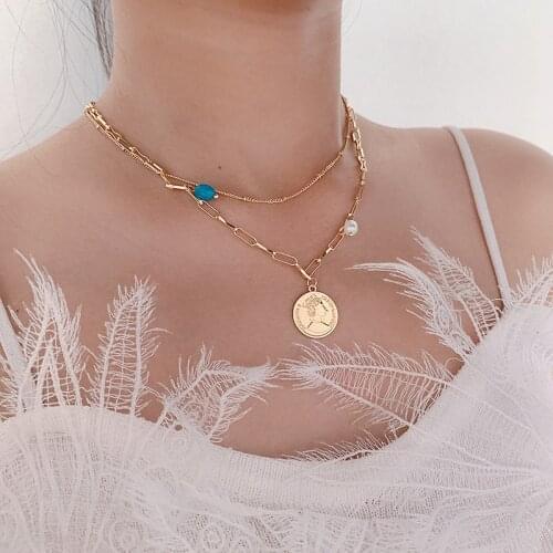 Origin Summer Double-Layer Coin Medallion Pendant Necklace for Women Girls Gold Simulation Pearl Chain Vintage Necklace Jewelry