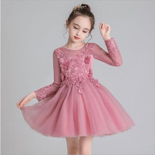 Autumn princess dress Girls Baptismal Dress mesh embroidered girls long-sleeved wedding dress long dress 4-14 years