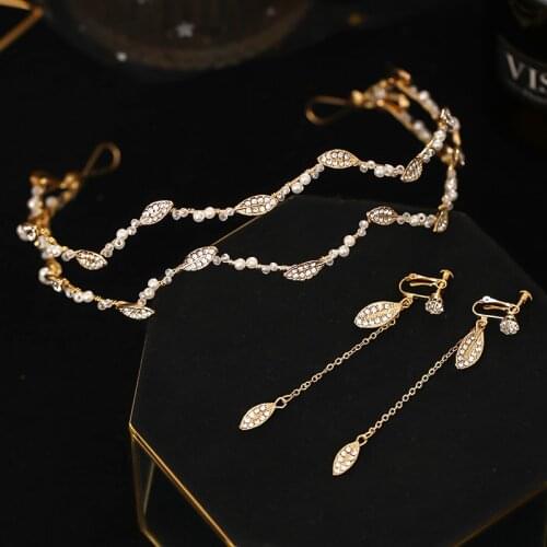 Gold Color Crystal Leaf Headband Earring Set Wedding Hair Accessories For Bride Hair Jewelry Fashion Women Rhinestone HeadPieces