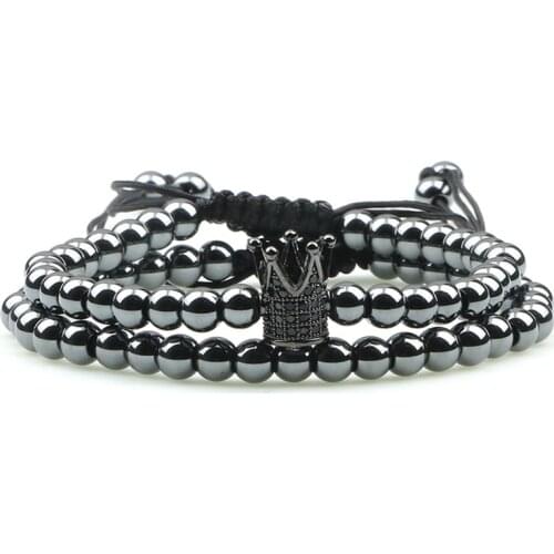 Luxury Gold Couple Bracelet Set Men Bileklik Pave CZ Crown Charm Copper Bead Braided Adjustable Bracelets For Women Jewelry Gift