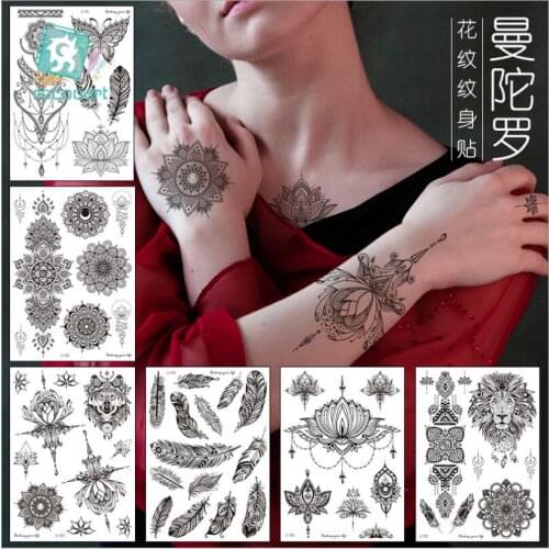 Rocooart Black Henna Arm Tattoo Mandala Flower Temporary For Women Female Girls Sticker Fake Tattoo Mehndi Custom Tatoos T1842