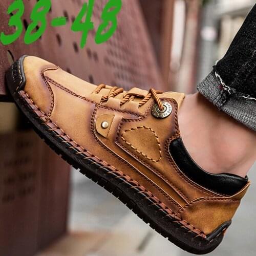 Luxury Split Leather Men Shoes Hand Sewing Man Casual Shoes Welt Stitching Loafers Flats Male Leisure Shoe Big Size 39-48