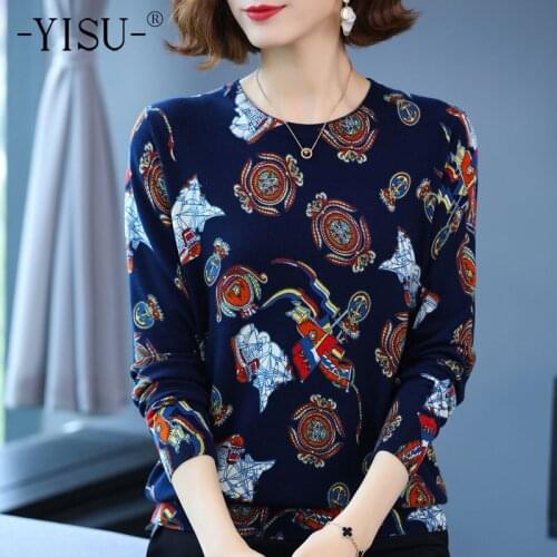 YISU Spring Autumn Woman clothing Women Wool Sweater O-Neck Knitted pullove tops Female Casual Fashion Printing Jumper 2021 New