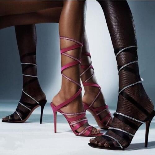 New Rhinestone Satin Cross Strap Stiletto Roman Sandals Women