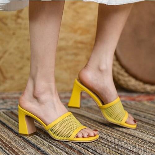 ZawsThia Chic Bright Yellow Mesh Net Open Toe Womens Slides Block High Heels Slip-on White Black Woman Sandals Slippers Mules