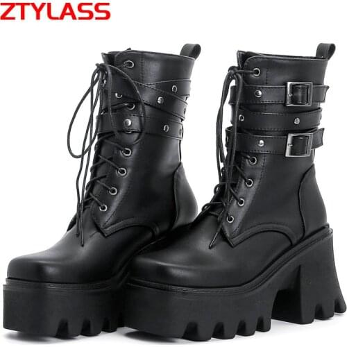 2021 Fashion Square Toe Ankle Boots Platform Women Boots Chunky High Heel Martin Boots Lacing Zipper Auutmn Winter Woman Shoes