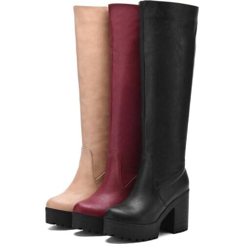 New Sexy Knee-high Pu Boots Square High Heels For Women Fashion All-Match Shoes 2021 Fall Winter Booties Female Plus Size 34-43