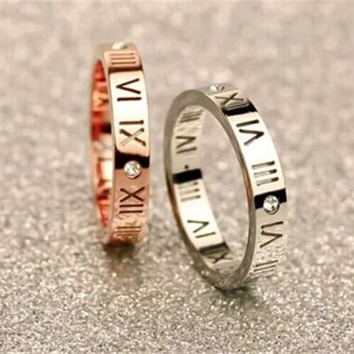 Women Titanium Steel Jewelry Roman Numerals Rings For Women CZ Crystals Rings Trendy Party Love Ring Couple R006
