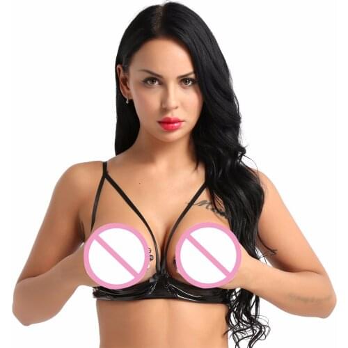 Womens Lingerie Sexy Bra Top Soft Sheer Adjustable Spaghetti Straps Open Cups Erotic Hot Bra Faux Leather Wire-free Unlined Bra