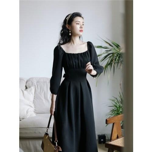 Red & Black Color Korean Design Women Dress Elegant Vintage Style Solid Long Sleeve Square Collar Modern Dresses Vestido Festa