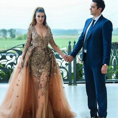 Glamorous Celebrity Mermaid Prom Gowns With Overskirt Luxury Crystal Beads V-Neck Long Sleeve Evening Gowns Applique Party Dress