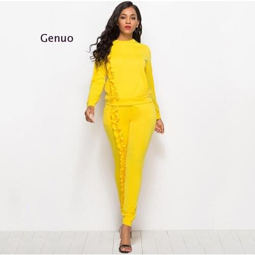 2020 Autumn New Solid Two Piece Sets Women Long Sleeve Round Neck Tops Trousers Ruffles Tracksuit Set 2 Piece Sets Ladies Suits