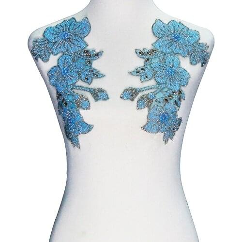 5pair Blue Hot Fix Rhinestone BeadsTransfer Designs Applique Iron On Crystal Motif Clothes DIY Craft Sewing Accessories T2424