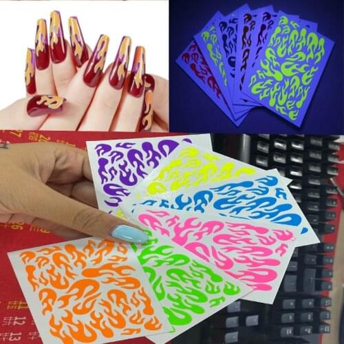 6 Sheet 3D Nail Fire Letters Pattern Shiny Decal Mix colorful Decoration DIY Transfer-Adhesive Nail Foil Fluorescence Tips #1bag