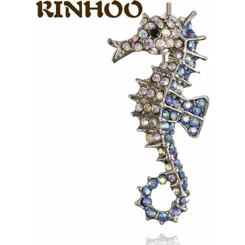 RINHOO Summer New Enamel Seahorse Brooches For Women Rhinestone Hippocampus Animal Party Causal Brooch Pins Suits Scarf Pins