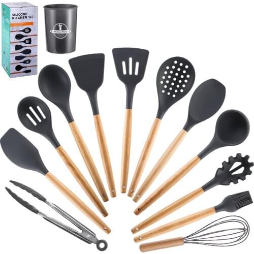 Wooden Handle Silicone Kitchenware Set 12 Pieces Non Stick Spatula Spoon Storage Barrel Cooking Kitchen Tools