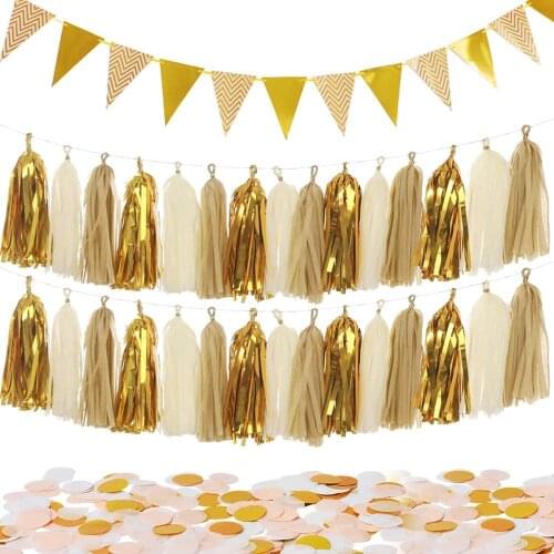 METABLE 30PCS Gold Tassel Garland and 15PCS Pennant Banner Triangle Flags Bunting and 10g Gold Paper Confetti party supplies