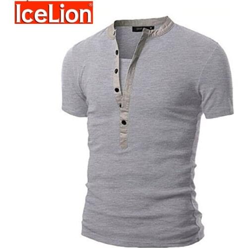 IceLion 2021 Summer New Fashion Short Sleeve T shirts Men Stand Collar Button Mens Solid Tee Shirt Fitness Casual Tops Shirts