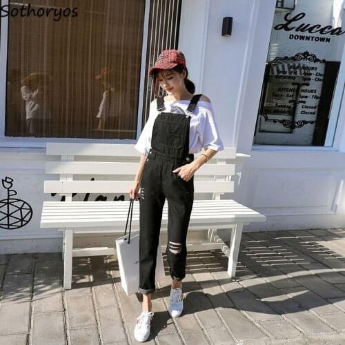 Jumpsuits Women Autumn Denim Long Strap Loose 2XL Korean-style Holes Black All-match Students Kawaii BF Streetwear Chic Simple