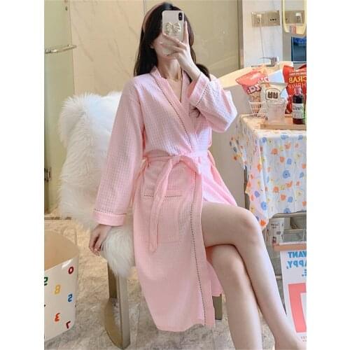2021 Hot Sale Summer Thin Cotton Nightgown Bathrobe Female Sweat Steamed Lace Up Kimono Mid-Length Pajamas Sleepwear Robes L16