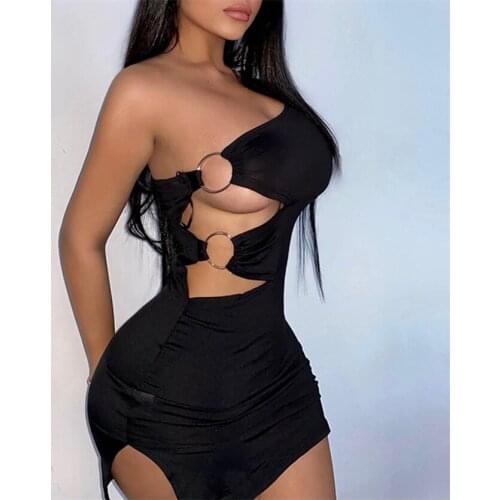 Sexy Dress Women Side Metal Ring Hollow Out Single Long Sleeve Slim Fit Bodycon Dresses Club Party Night Outfits 2021