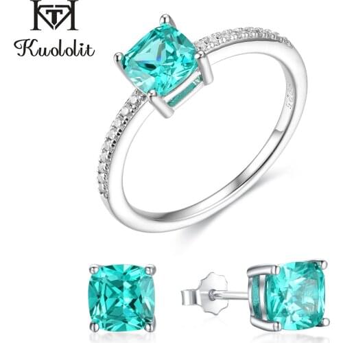 Kuololit Mint Sapphire Paraiba Tourmaline Gemstone Jewelry Sets for Women Solid 925 Sterling Silver Ring Earrings Engagement