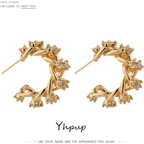 Yhpup Gold Metal Twisted Stud Earrings Korean Exquisite Shiny Cubic Zirconia Earrings Women Geometric Texture kolczyki Jewelry
