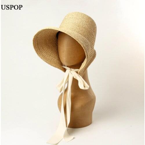 USPOP New summer sun hats for women vintage hand-woven raffia hats wide brim lace-up straw hats collapsible beach hat