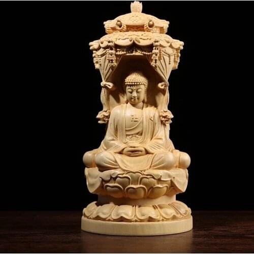 Three Sided Wood Carving Buddha Statue, 10 / 15CM, Guanyin Amitabha Buxus Bodhisattva, Solid Wood Ornaments