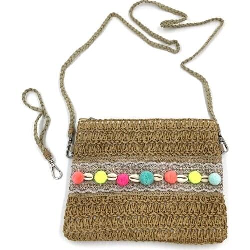 Bohemian handmade colorful wool ball decorative Papyrus for women bagnecklace bag Hand bag for woman