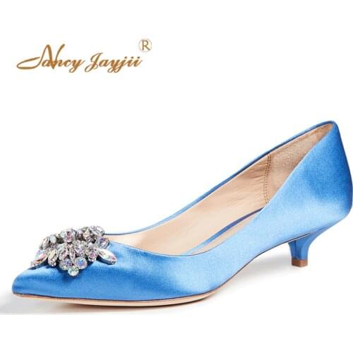 Colorful Crystal Rhinestone Loyal Blue Med Heels Satin Pumps Womens Shoes Wedding Bride Pointed Toe 2019 Autumn Summer Size 3 4