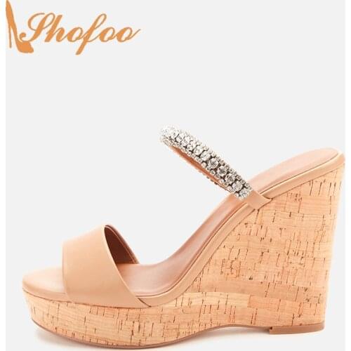 Nude Cork Platform High Wedge Heels Women Sandals Crystal Strap Large Size 13 15 Ladies Summer Fashion Mature Party Shoes Shofoo