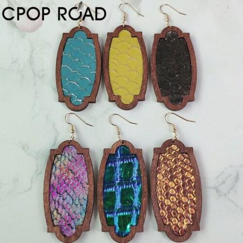Geometric Wood Genuine Cowhide Leather Earrings for Women Fashion Jewelry Light Weight Vintage Snake Skin Earrings Jewelry Gift