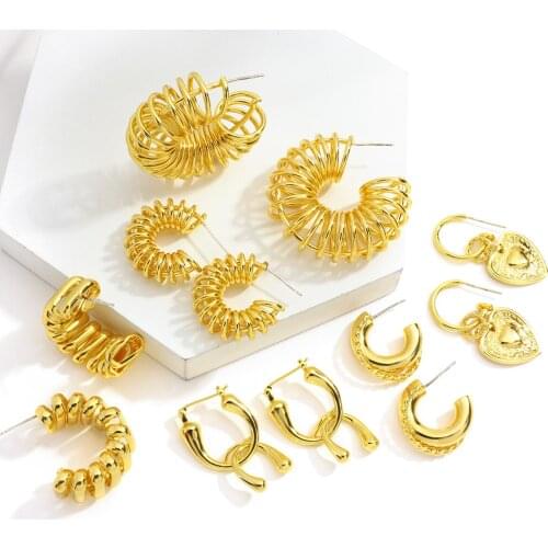 AMORCOME Gold Color Copper Hoop Huggies Earrings Geometric Circle Hoops Statement Earrings Women Girls Unique Metal Jewelry