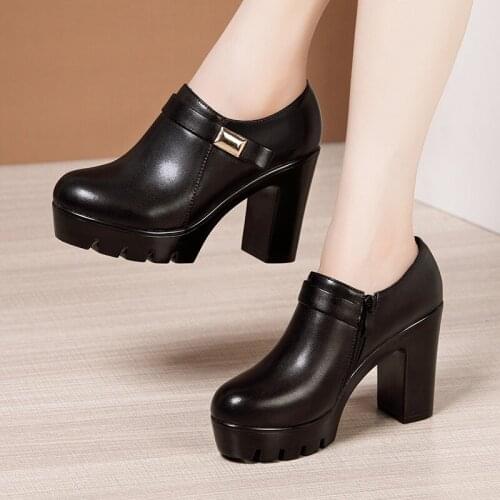 Plus Size 32-43 Deep Mouth Platform Shoes Women High Heels 2021 Fall Winter Plush Black Leather Pumps for Office Daily