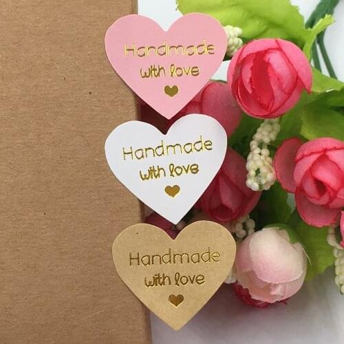100PCS/Lot Gold Print "Hand Made With Love" Heart-shape Paper Sticker DIY Gift/Box Label Sticker Stationery