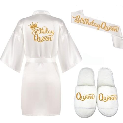 Glitter gold Birthday Queen robe with crown birthday girl satin robe slipper party kimono 2020 Gift for Her Princess Spa robes