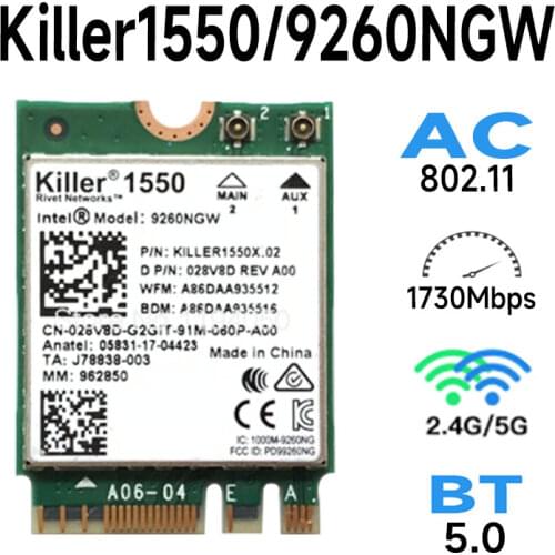 For Killer 1550 intel 9260 9260NGW NGFF 1730 Mbps WiFi + Bluetooth 5.0 802.11ac Card