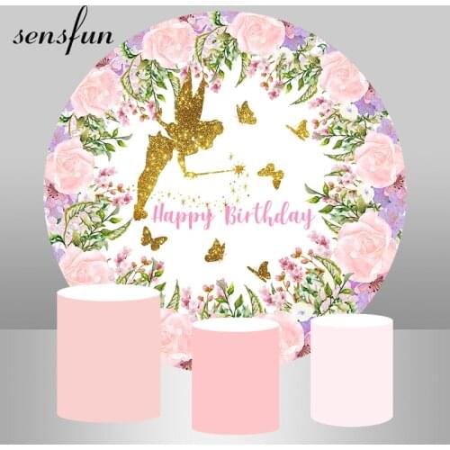 Round Scene Pink Flowers Gold Glitter Fairy Backdrops Girls Baby Shower Newborn Birthday Party Photography Backgrounds Circle