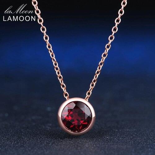 LAMOON 925 Sterling Silver Necklace Red Garnet Pendant Necklace For Women 18K Rose Gold Plated Gemstone Jewelry LMNI002