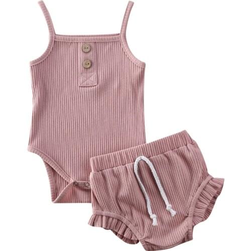Summer Newborn Kid Baby Girls Clothes Set 2PCS Sleeveless Solid Knitted Crop Tops + Shorts Outfits