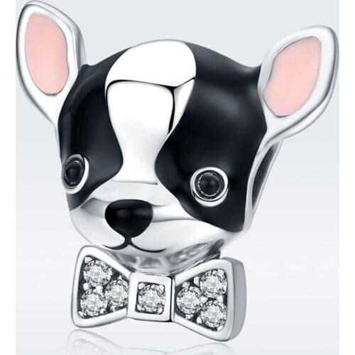Fit Europe Bracelet Silver 925 Original White CZ Bow Dog Beads S925 Black Enamel Little Animal Charms DIY Pet Jewelry Making