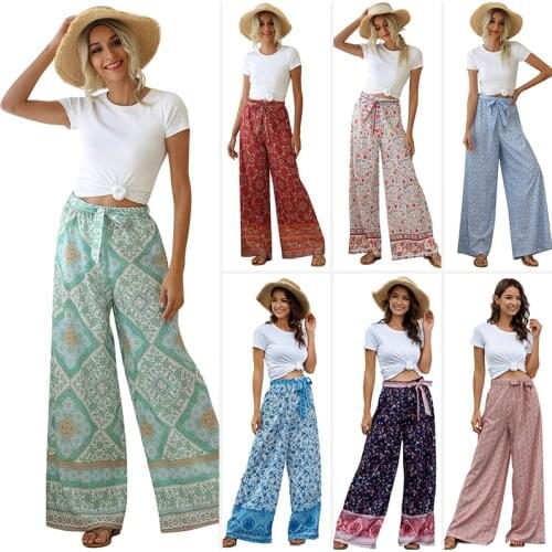 Casual Women Summer Trousers High Waist Wide Leg Pants Fashion Printed Loose Pant Sashes Long Bandage Women Pants Chiffon Femme