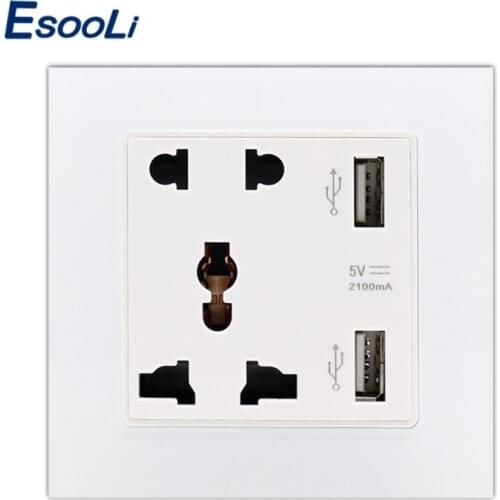 Esooli Luxury Glass Panel Wall Power Socket Plug, Universal 5 Hole Electrical Outlet With 2100mA Dual USB Charge Port