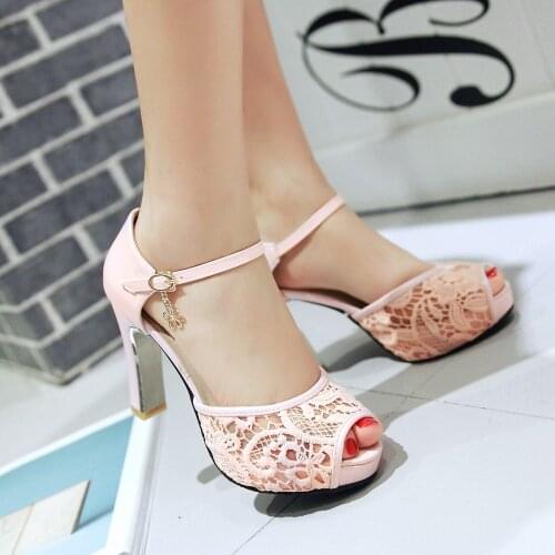 Air mesh Platform lace Pumps Summer Women Peep Toe High Heels Sandals Woman High Heel Party Wedding Shoes Plus Size 34-40 41 43