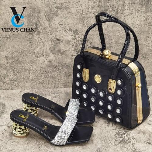Special Design 2022 Newest Summer Shoes and Bag Set in Black Color High Quality Italian Lady Shoes Matching Bag for Garden Party