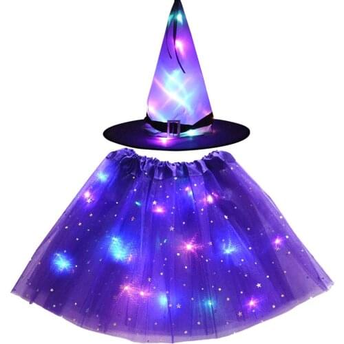 Led Girl Wizard Witch Costume Fancy Dress / Spider Web Cobweb Hat with Tutu Skirt Props Christmas Halloween Glow Party Supplies