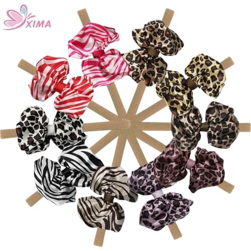 XIMA 10pcs/lot 3.5inch Printed Animal Satin Hair Bows with Nylon Headband Girls Hair Bands Kids Hair Accessories