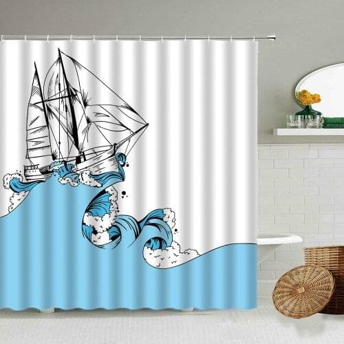 Cartoon Nautical Sails Shower Curtain Blue Ocean Wave Boy Bathroom Bathtub Blackout Waterproof Polyester Cloth Screen With Hook